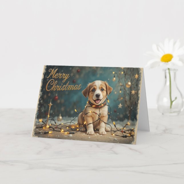 Cartão Cute Christmas Puppy with Lights Adorable Holiday  (Planta pequena)