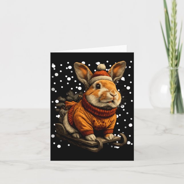 Cartão Cute Christmas Rabbit Sledding In Snow Funny Winte (Frente)