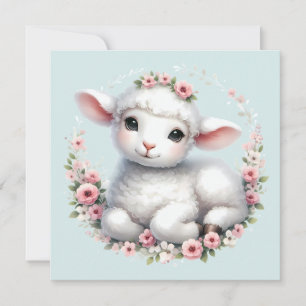 Cartão Cute Cordeiro com Ilustração de Coroa Floral