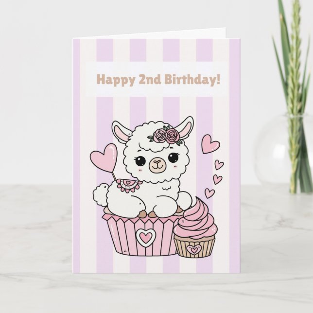 Cartão Cute Cupcake Llama Birthday Greeting, Blank Inside (Frente)