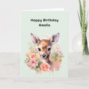 Cartão Cute Deer Cercado Por Rosas Aniversário