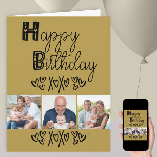 Cartão Cute Doodle Typography Gold Black 3 Photo Birthday