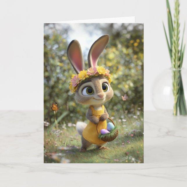 Cartão Cute Easter Bunny w/ Flower Crown & Basket of Eggs (Frente)