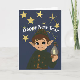Cartão Cute Elf Watcher Starry Night Happy New Year Foldi