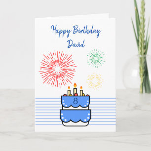 Cartão Cute Fireworks and Cake Blue Boy 8th Birthday