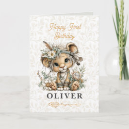 Cartão Cute floral lion Happy 1st Birthday Greeting Card