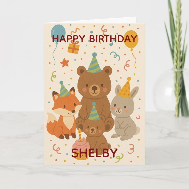 Cartão Cute Forest Animals Custom Birthday (Frente)