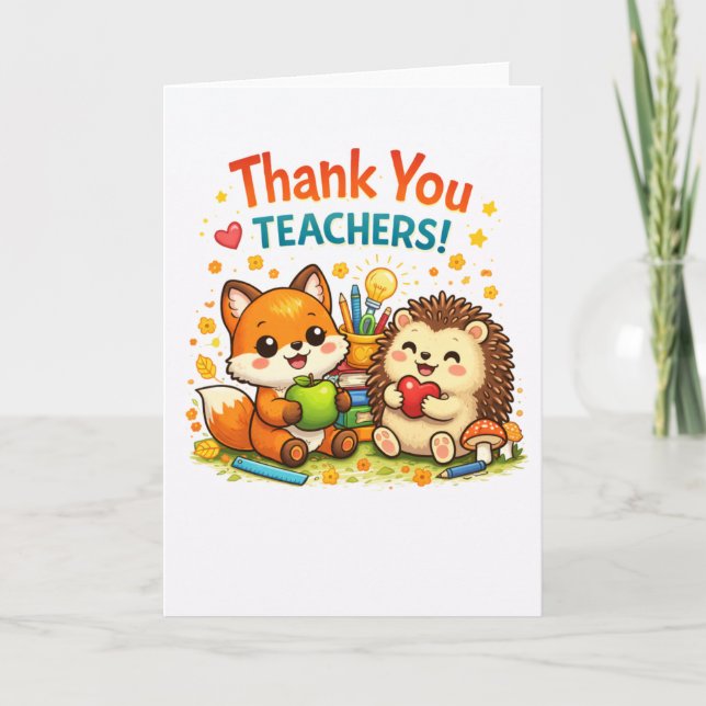 Cartão Cute fox and hedgehog teacher appreciation design (Frente)