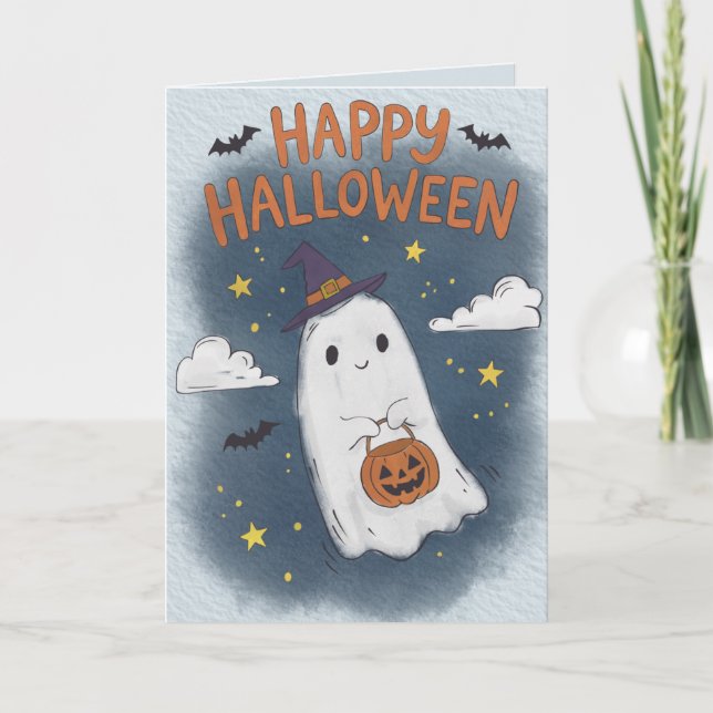 Cartão Cute Ghost Surrounded with Bats (Frente)