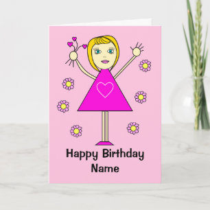 Cartão Cute Girl with Hearts Pink Cartoon Birthday