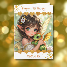 Cartão Cute Girl's Fairy and Dragon Themed Birthday