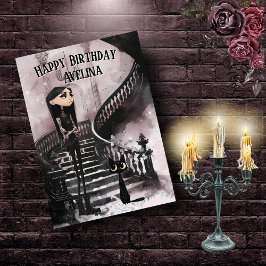 Cartão Cute Gothic Girl With Her Black Cat Birthday Card