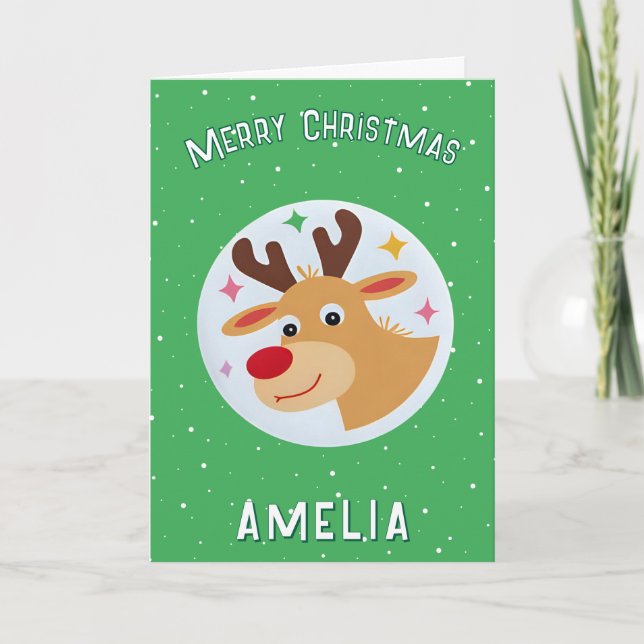 Cartão Cute Green Reindeer Kid`s Name Merry Christmas (Frente)