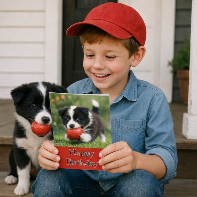 Cartão Cute Happy Birthday Border Collie Greeting Card (Joyful birthday moment with a playful pup and a bright, happy card in hand. Template card for kids)