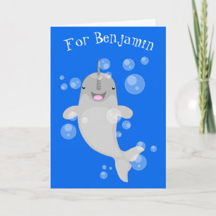 Cartão Cute happy narwhal bubbles cartoon illustration