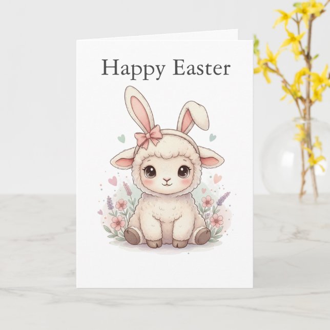 Cartão Cute Lamb with Bunny Ears Pastel colors Easter (Flor Amarela)