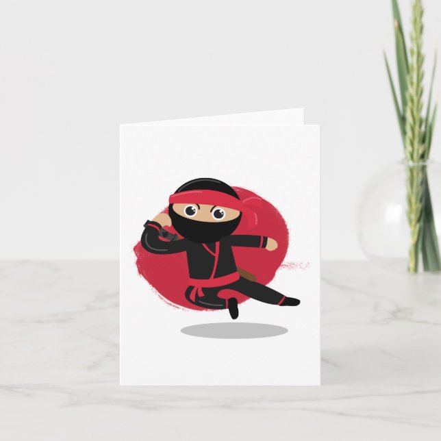 Cartão Cute Ninja Guerreira Preto e Vermelho (Frente)