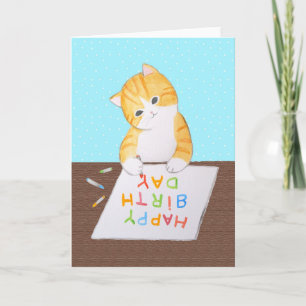 Cartão Cute orange Tabby Cat Writing Happy Birthday