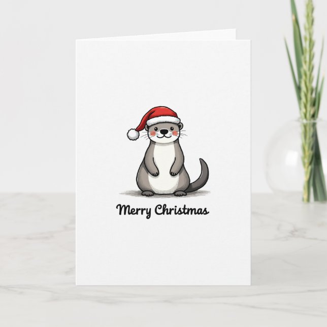 Cartão Cute Otter Santa Hat Winter Animal Merry Christmas (Frente)