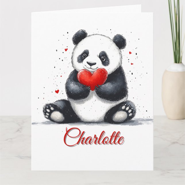 Cartão Cute Panda Segurando Coração com Nome Personalizáv (Frente)