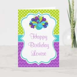 Cartão Cute Peacock Green and Purple Birthday 