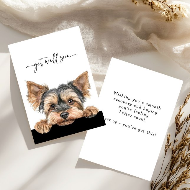 Cartão Cute Peeking Yorkie Script Melhoras Breve (Criador carregado)