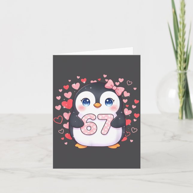 Cartão Cute Penguin 67 Six Seven Valentine Hearts 6 7 Mem (Frente)