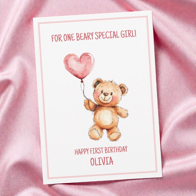 Cartão Cute Pink Balloon Teddy Bear Happy 1st Birthday (Cute Pink Balloon Teddy Bear Happy 1st Birthday Card)