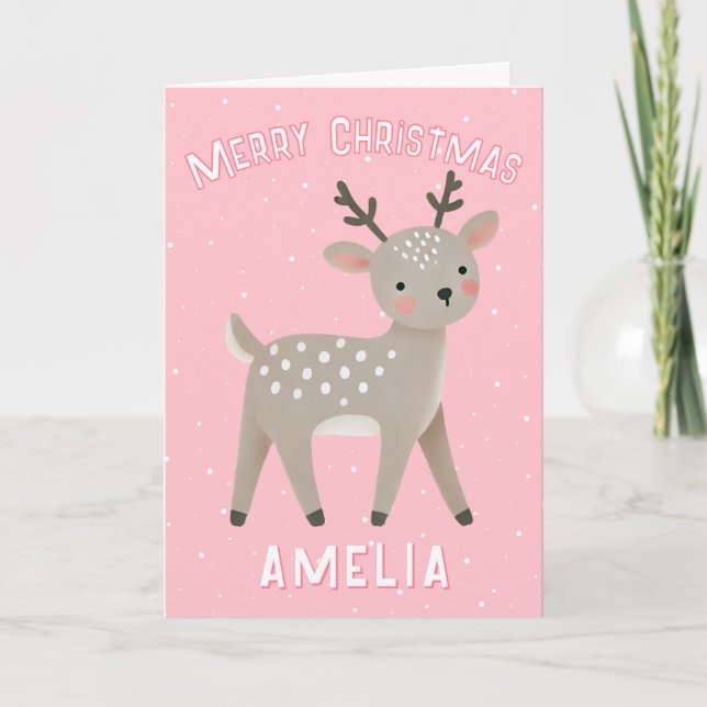 Cartão Cute Pink Reindeer Kid`s Name Merry Christmas (Frente)