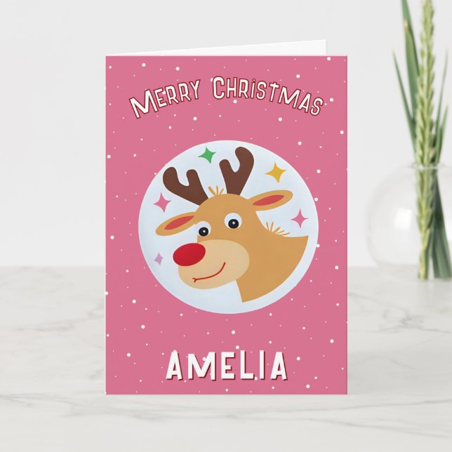 Cartão Cute Pink Reindeer Kid`s Name Merry Christmas (Frente)