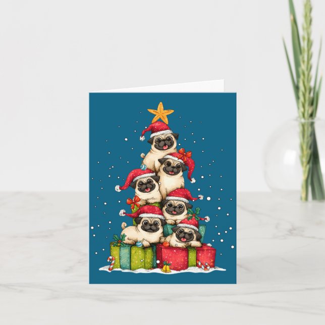 Cartão Cute Pug Le Dog Christmas Tree Xmas Hat Long Sleev (Frente)
