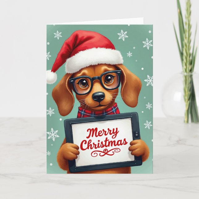 Cartão Cute Puppy Dog Glasses Merry Christmas Tablet (Frente)