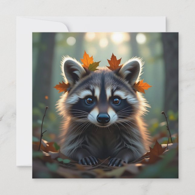 Cartão Cute Raccoon em Folhas de Queda (Frente)