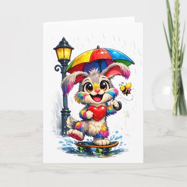 Cartão Cute Rainbow Bunny with Umbrella Design (Frente)