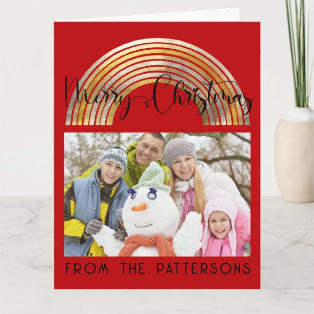Cartão Cute Red Gold Rainbow Family Photo Merry Christmas (Frente)