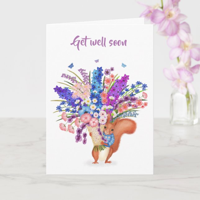 Cartão Cute red squirrel with flowers Get Well card (Orquídea)