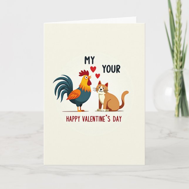 Cartão Cute Rooster Cat Valentines Day Card (Frente)