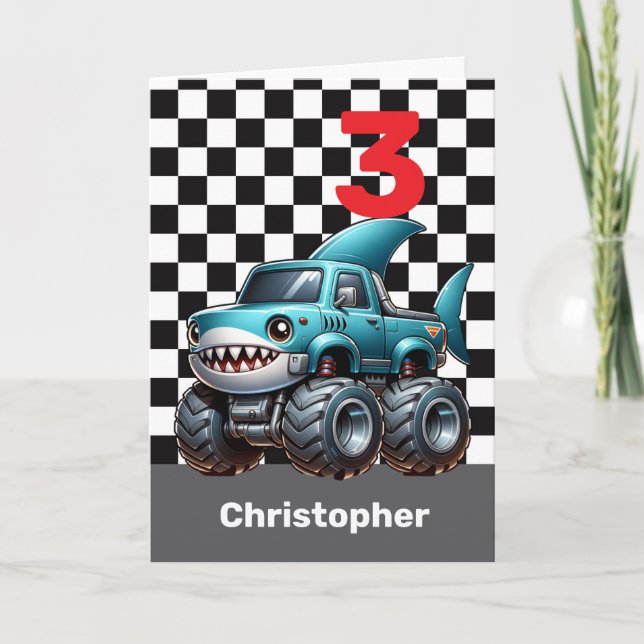 Cartão Cute Shark Monster Truck 3º Aniversário (Frente)