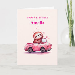 Cartão Cute Sloth num Conversível Rosa de Aniversário