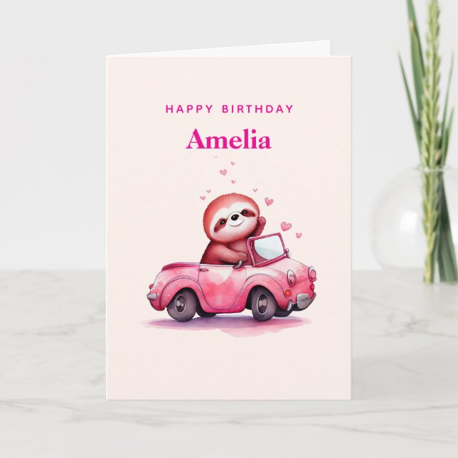 Cartão Cute Sloth num Conversível Rosa de Aniversário (Frente)