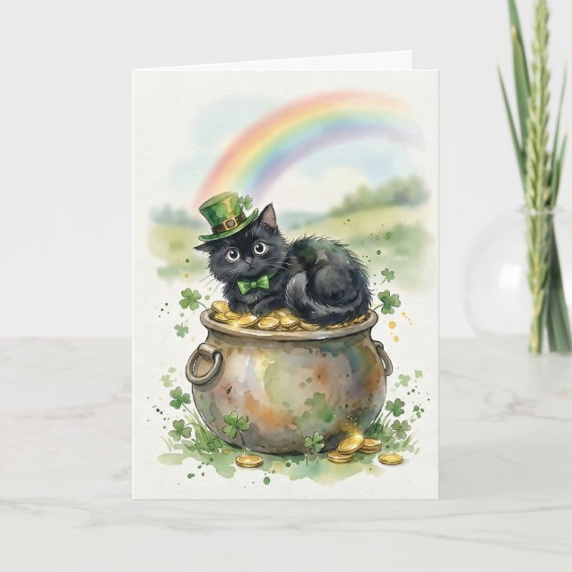 Cartão Cute St. Patrick's Day Black Cat Pot of Gold (Frente)