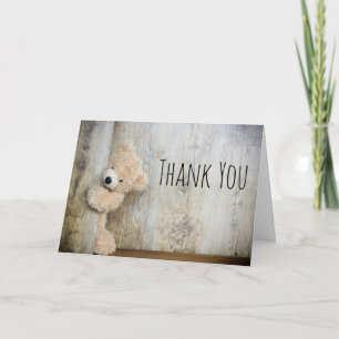 Cartão Cute Stuffed Bear Rustic Wooden Backdrop Thank You