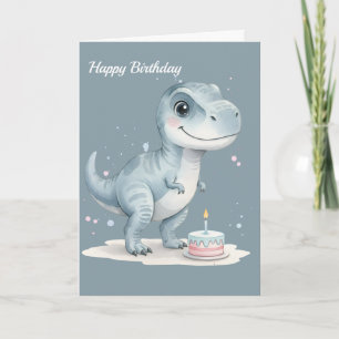 Cartão Cute T-Rex Dinossauro com Bolo - Aniversário Infan