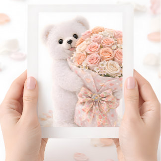 Cartão Cute Teddy Bear Holding Blush Peach Rose Bouquet 