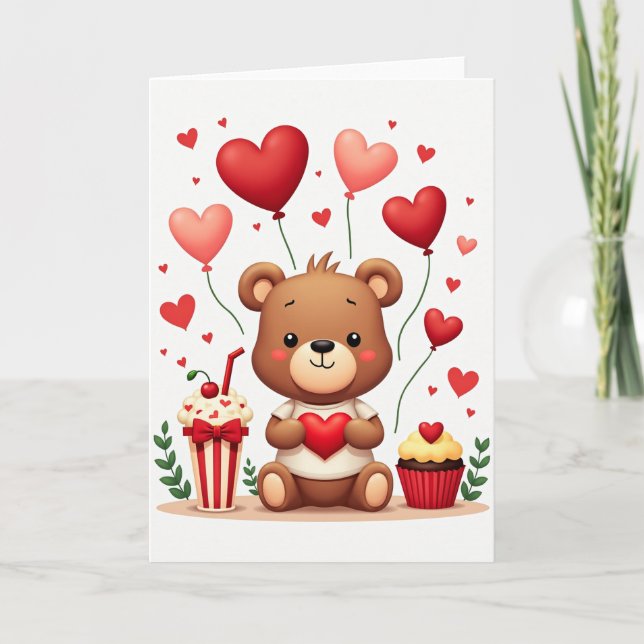 Cartão Cute Teddy Bear Love Hearts Card (Frente)