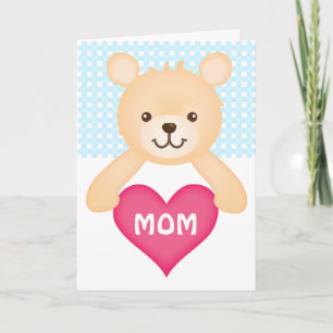 Cartão Cute Teddy Bear with Mom's Heart (blue)