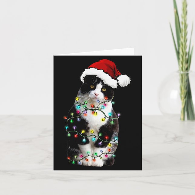 Cartão Cute Tuxedo Black Cat Christmas Light Cat Christma (Frente)