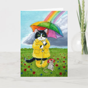 Cartão Cute tuxedo cat, mouse, rainbow umbrella