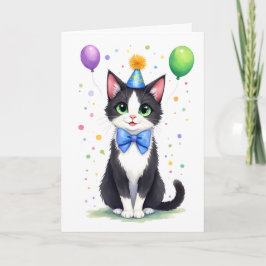 Cartão Cute Tuxedo Cat with a Bow Tie Happy Birthday