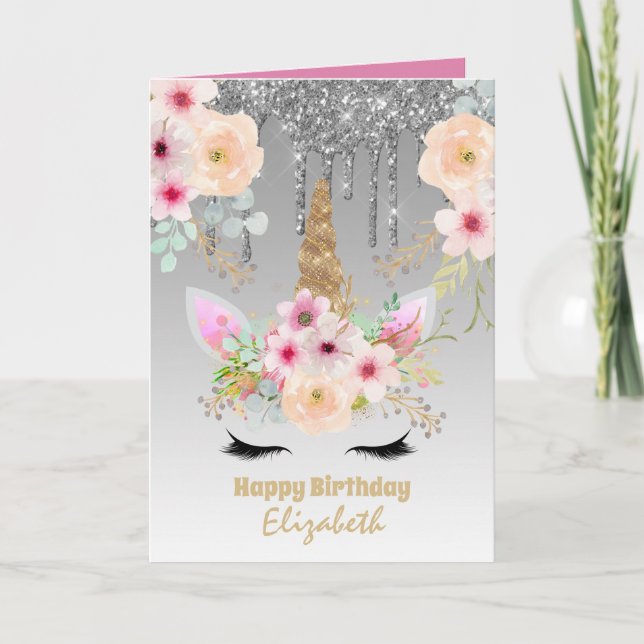 Cartão Cute Unicorn Fantasy Bonito Girassol Silver Nome R (Frente)